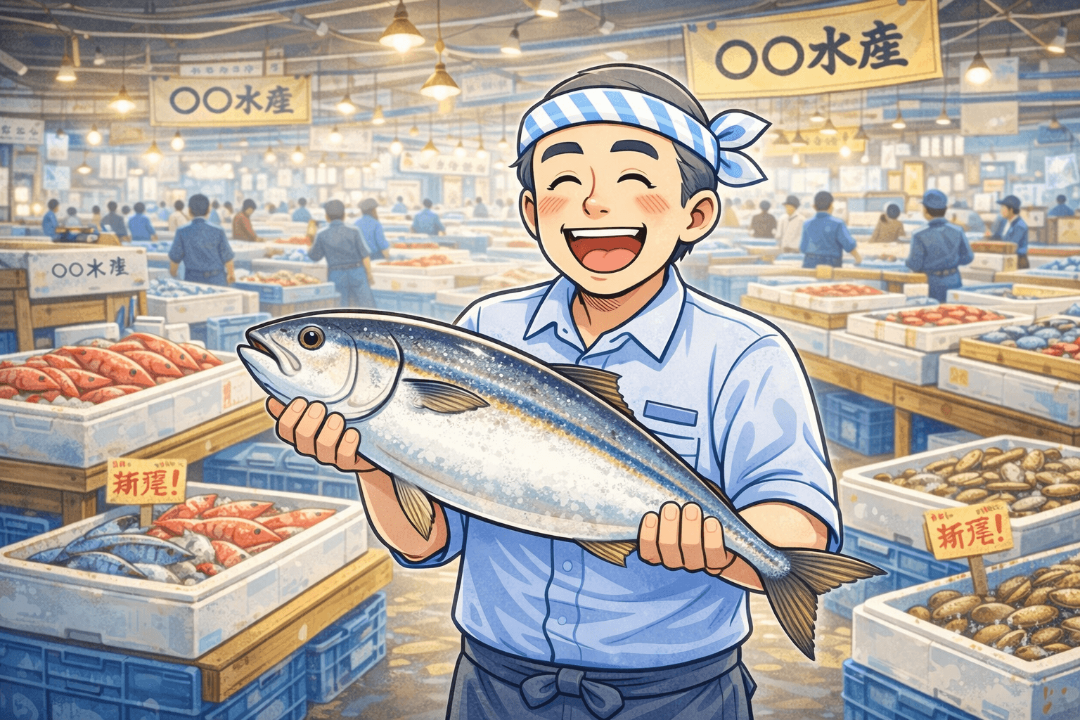 ブリを持つ魚屋